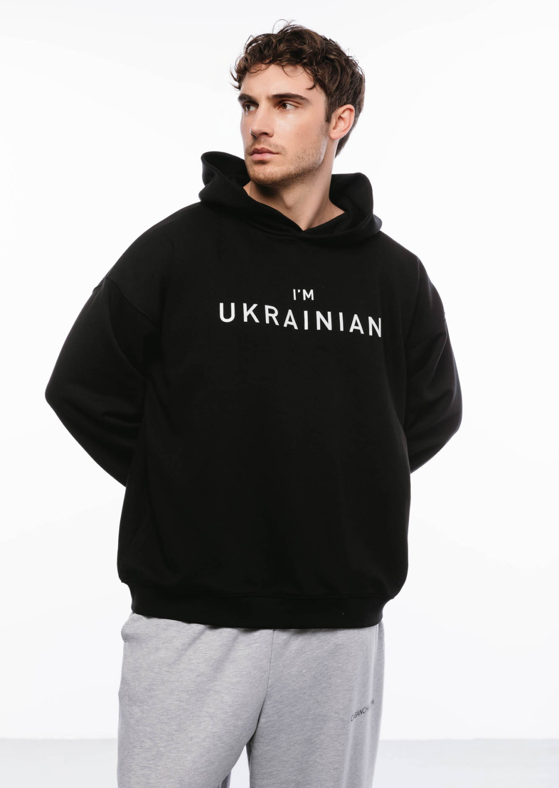 Men's dark night color three-thread hoodie with print "I'm Ukrainian"
